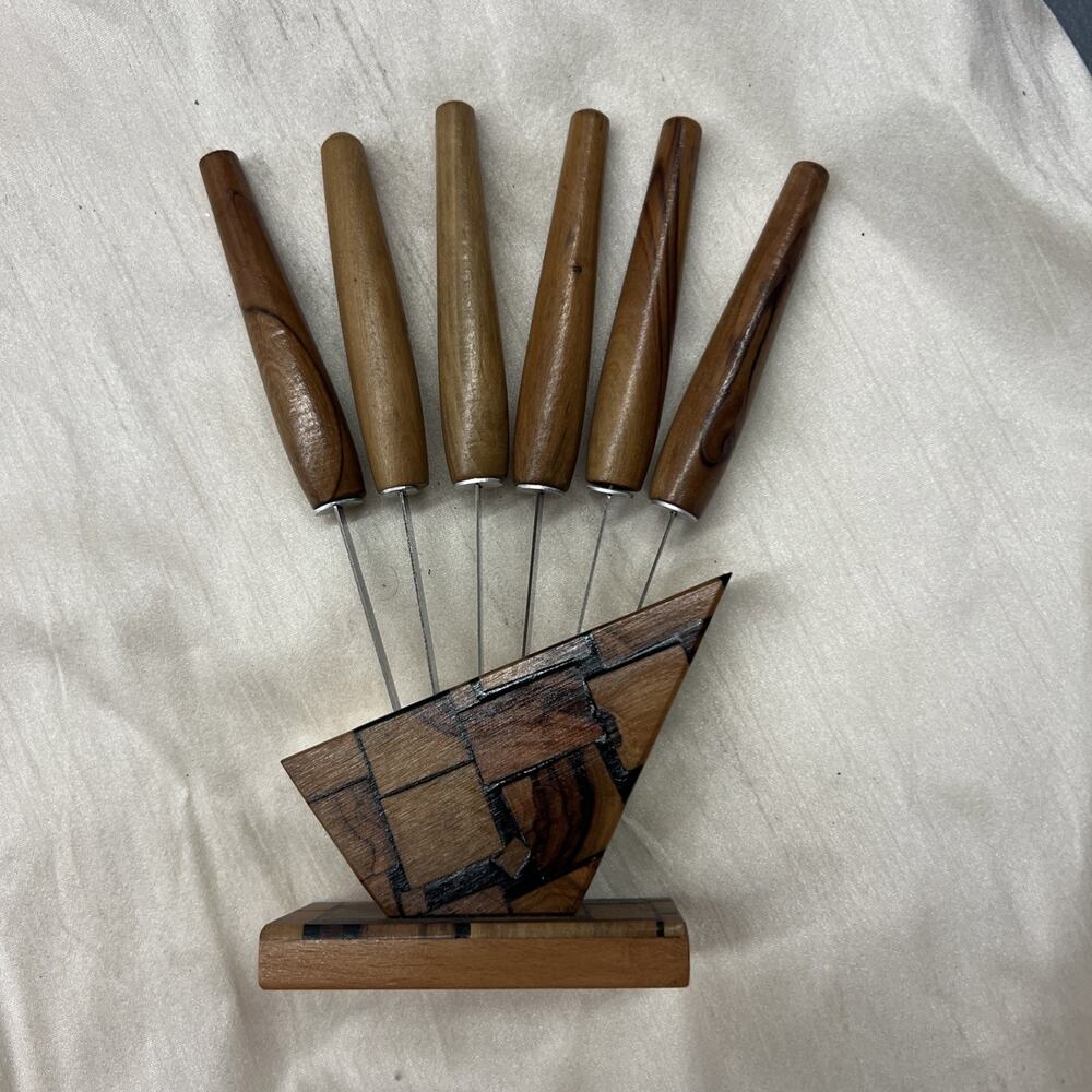 Vintage Beva Wood Handle Knife Set w Mid-Century Olive Wood Block 6pc Israel New